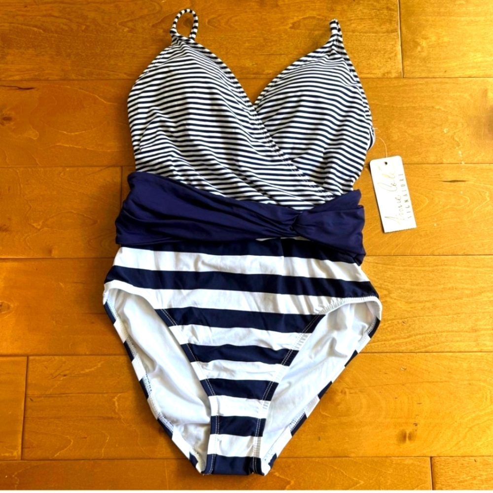 Anne Cole Navy and White Striped One-Piece Swimsuit